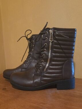 Quilted Lace-Up Ankle Boots with Side Zip in Dark Brown